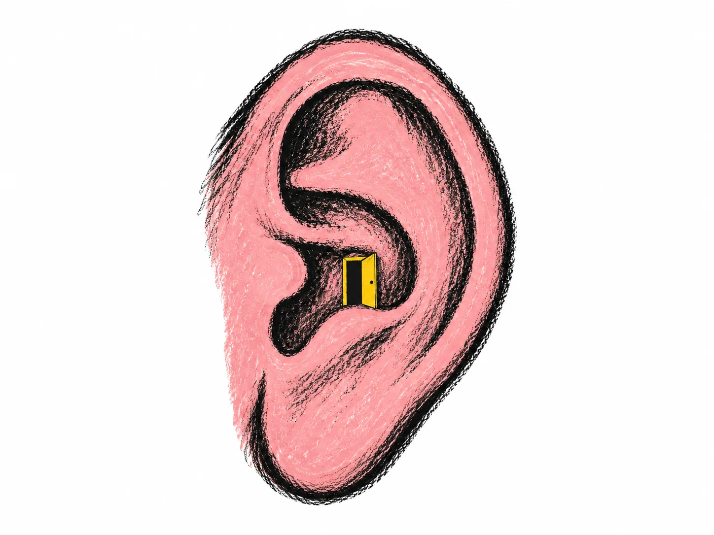 An oversized pink chalk ear with a tiny open yellow doorway inside.