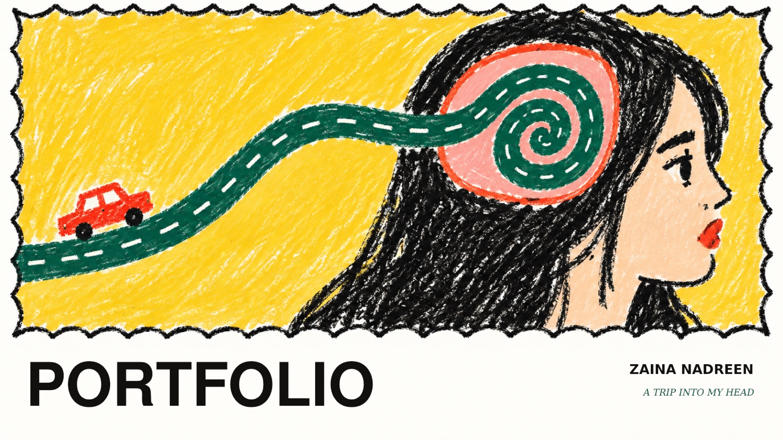 A red car follows one continuous green chalk road into the mind of a woman with long black hair, on a yellow crayon background.
