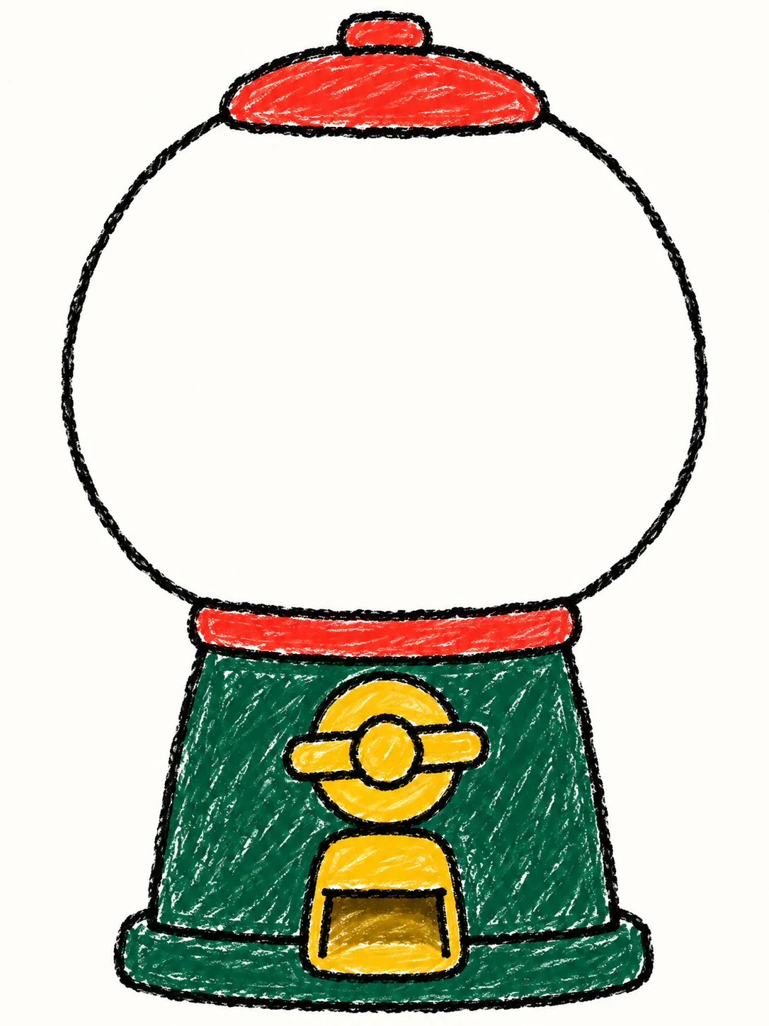 A hand-drawn green and coral gumball machine with a glass globe.