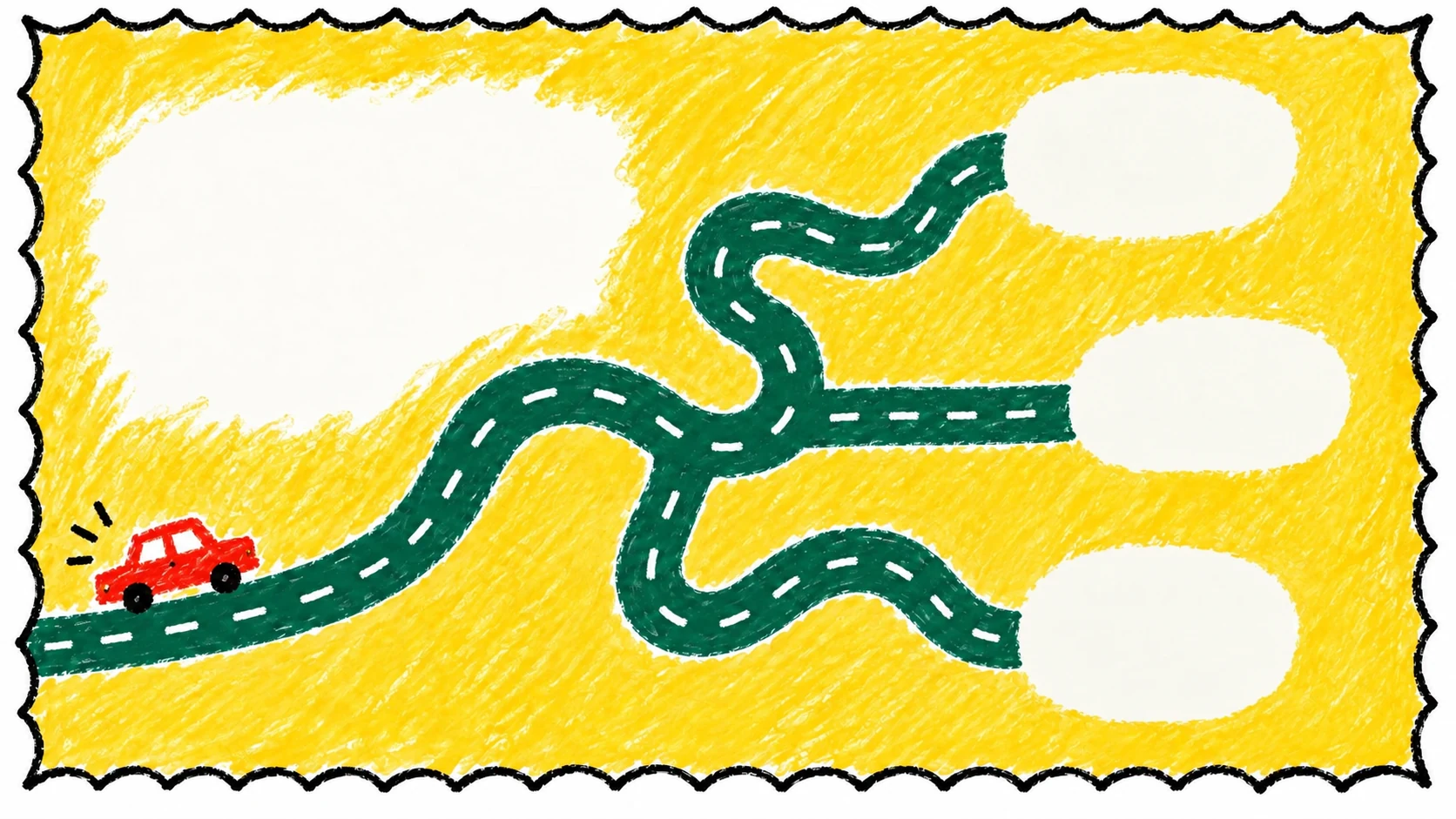 A continuous green chalk road connects three project stops on a yellow background.